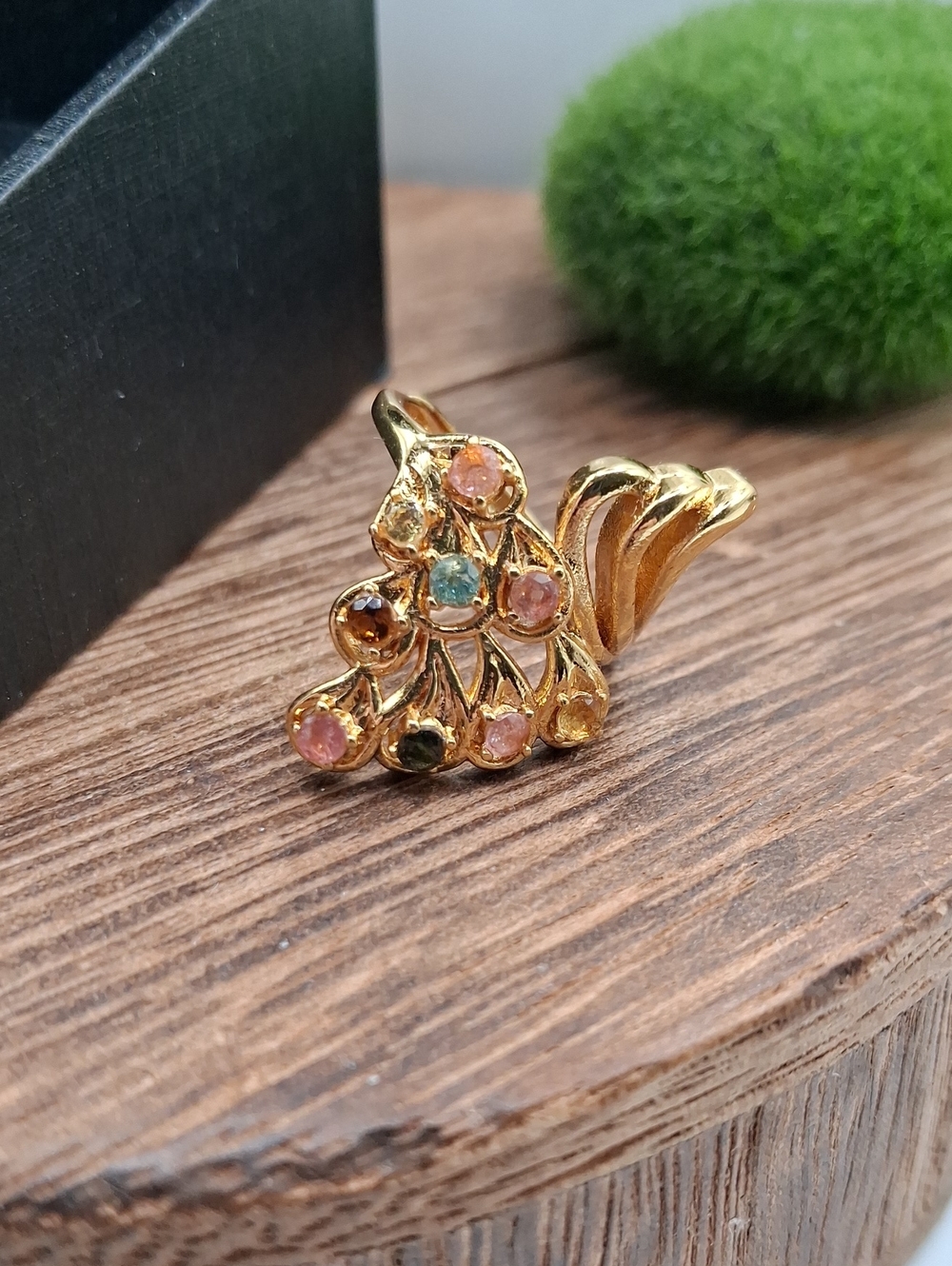 Gold-Tone Multicolor Gem Cluster Cocktail Ring Adjustable Band Ring R835
